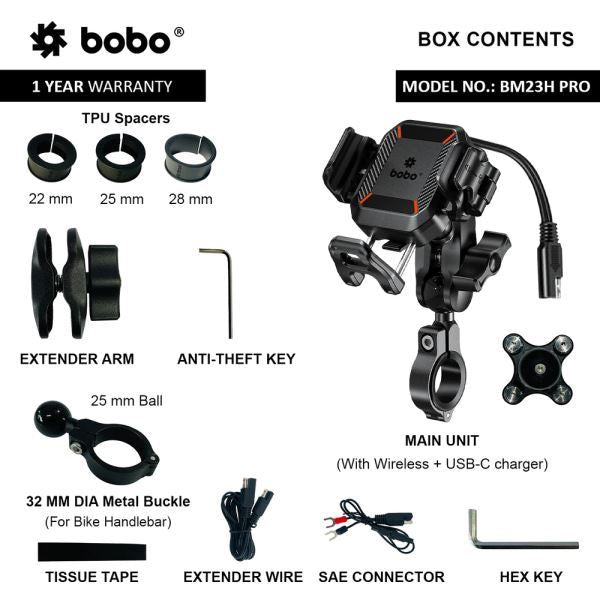 BOBO BM23H PRO Handlebar Mount Anti-Vibration Anti-Theft and 15W Wireless / 36W USB-C Charger