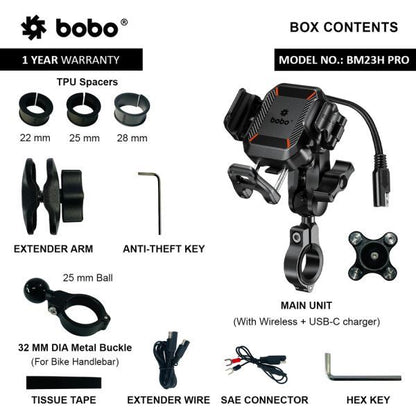 BOBO BM23H PRO Handlebar Mount Anti-Vibration Anti-Theft and 15W Wireless / 36W USB-C Charger