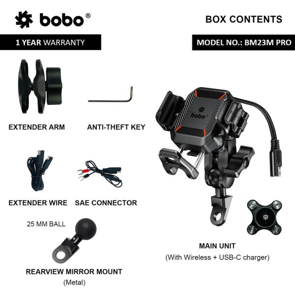 BOBO BM23M PRO Rearview Mirror Mount Anti-Vibration Anti-Theft and 15W Wireless / 36W USB-C Charger