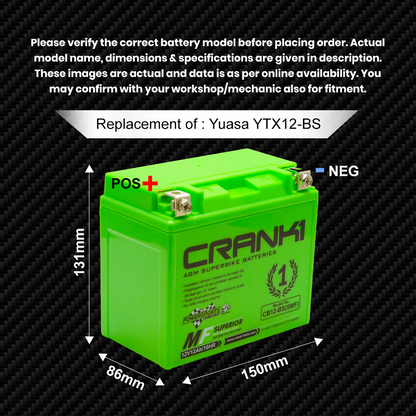 Crank1 Battery For Triumph Street Twin (2016-2025) - CB12-BS - Factory Activated