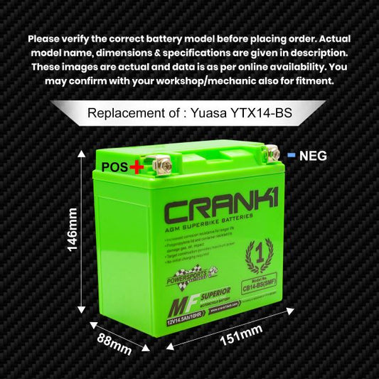 Crank1 Battery For Kawasaki Ninja ZX-14R ABS (2006-2022) - CB14-BS - Factory Activated