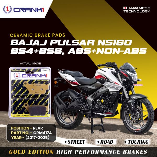 CRANK1 Brake Pads Rear For Bajaj Pulsar NS-160 BS4+BS6,ABS+NON-ABS (2017-2025)- Ceramic - CRM4174