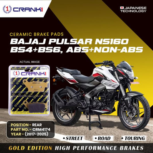 CRANK1 Brake Pads Rear For Bajaj Pulsar NS-160 BS4+BS6,ABS+NON-ABS (2017-2025)- Ceramic - CRM4174