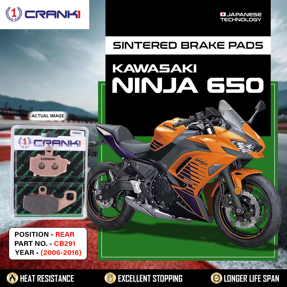 CRANK1 Brake Pads Rear Kawasaki Ninja 650 -2006 to 2016-CB291