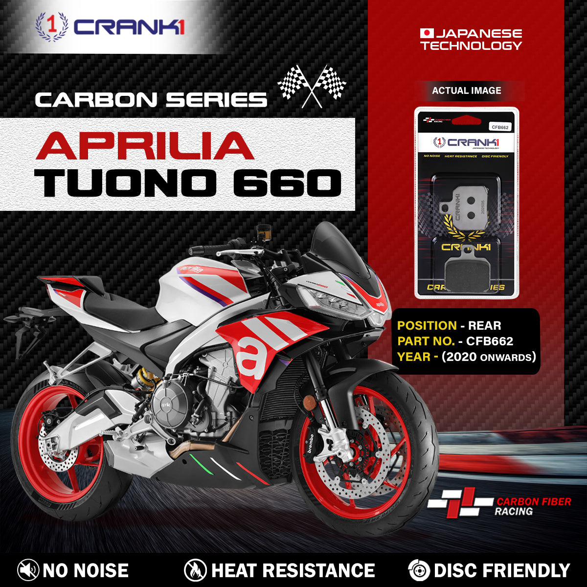 CRANK1 Carbon Brake Pads For Aprilia Tuono 660 2020 Onwards - Rear - CFB662
