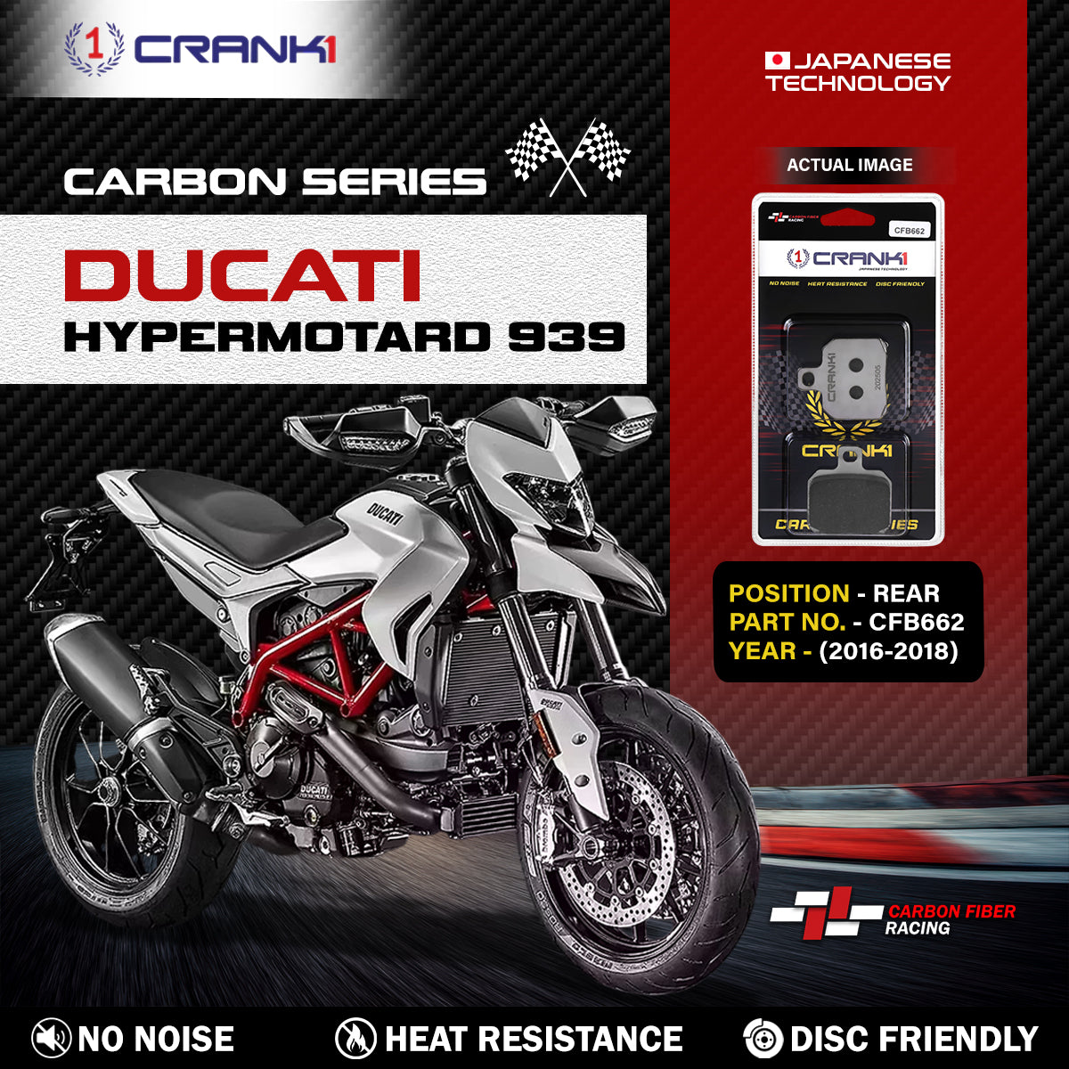 CRANK1 Carbon Brake Pads For Ducati Hypermotard 939-2016-2018 - Rear - CFB662