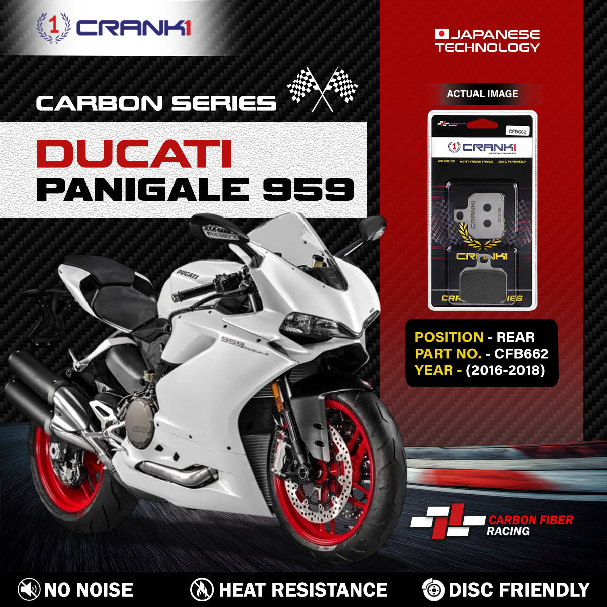 CRANK1 Carbon Brake Pads For Ducati Panigale 959 - 2016-2018- Rear - CFB662