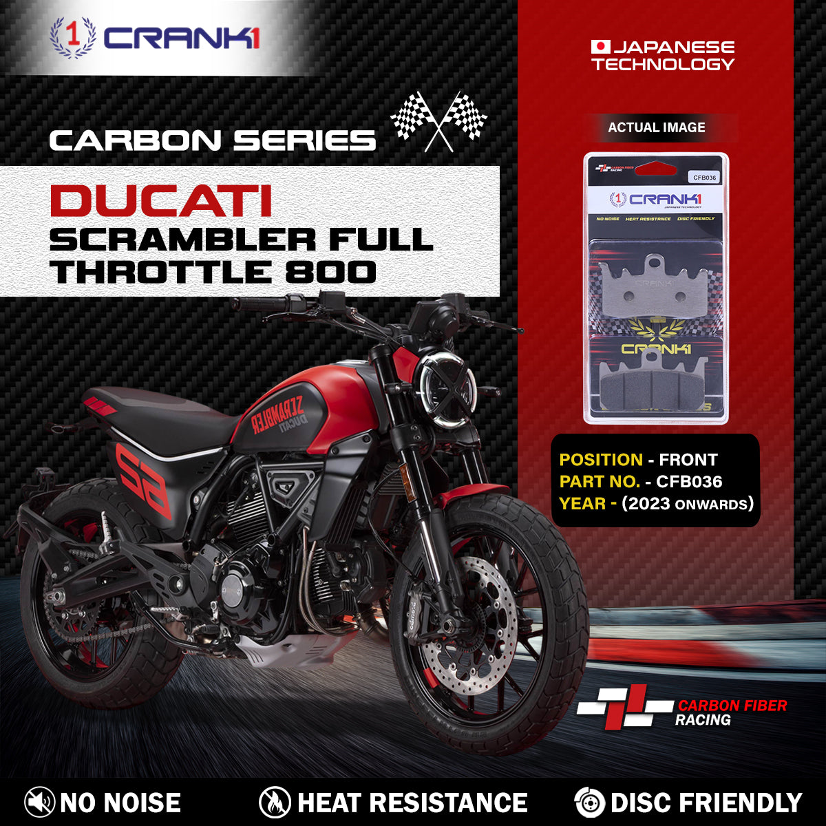 CRANK1 Carbon Brake Pads For Ducati Scrambler Full Throttle 800 (2023 Onwards)- Front - CFB036 - 2 Sets
