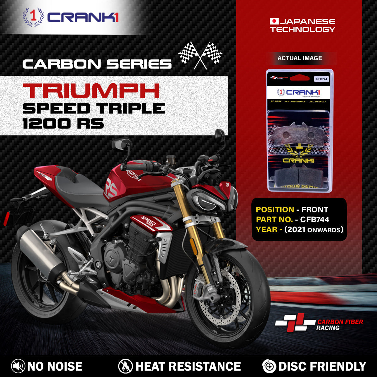 CRANK1 Carbon Brake Pads Front Triumph Speed Triple 1200 RS (2021 Onwards) - CFB744 (2 Sets Required)