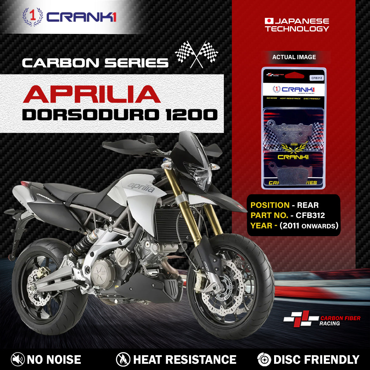 CRANK1 Carbon Brake Pads Rear Aprilia Dorsoduro 1200 (2011 onwards)  - CFB312