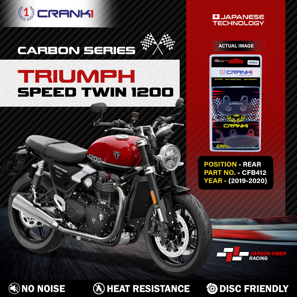 CRANK1 Carbon Brake Pads Rear Triumph Speed Twin 1200 (2019 Onwards) - CFB412