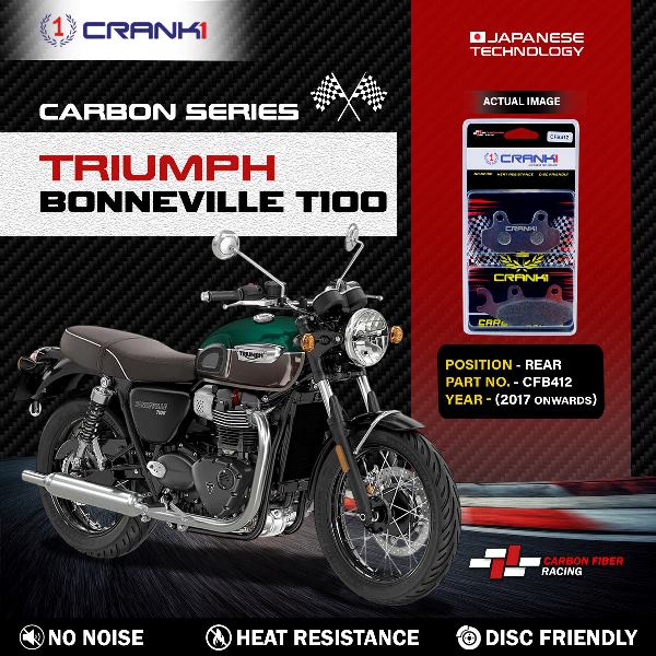 CRANK1 Carbon Brake Pads Rear Triumph T100 Liquid Cooled 2017 Onwards- CFB412