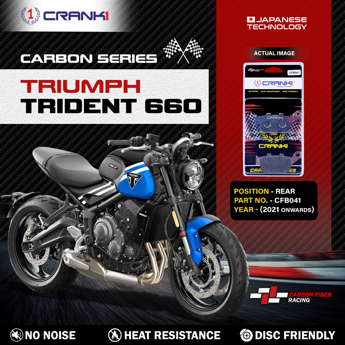 CRANK1 Carbon Brake Pads Rear Triumph Trident 660  2021 Onwards - CFB041