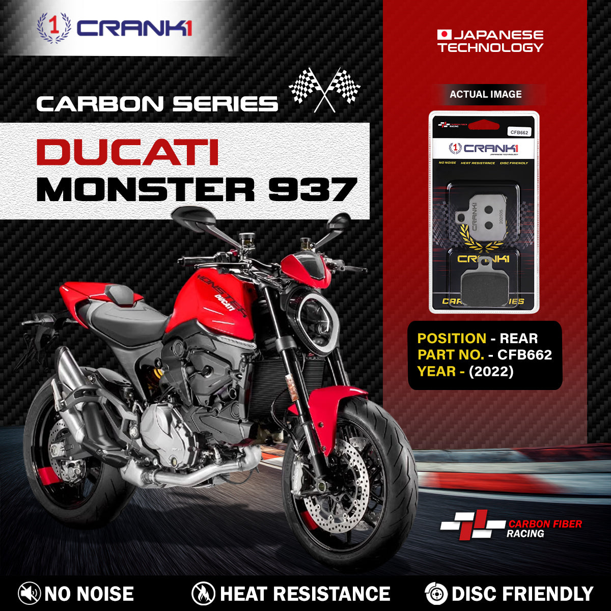 Carbon Brake Pads For Ducati Monster 937 (2022) - Rear - CFB662 - 1 Set - CRANK1
