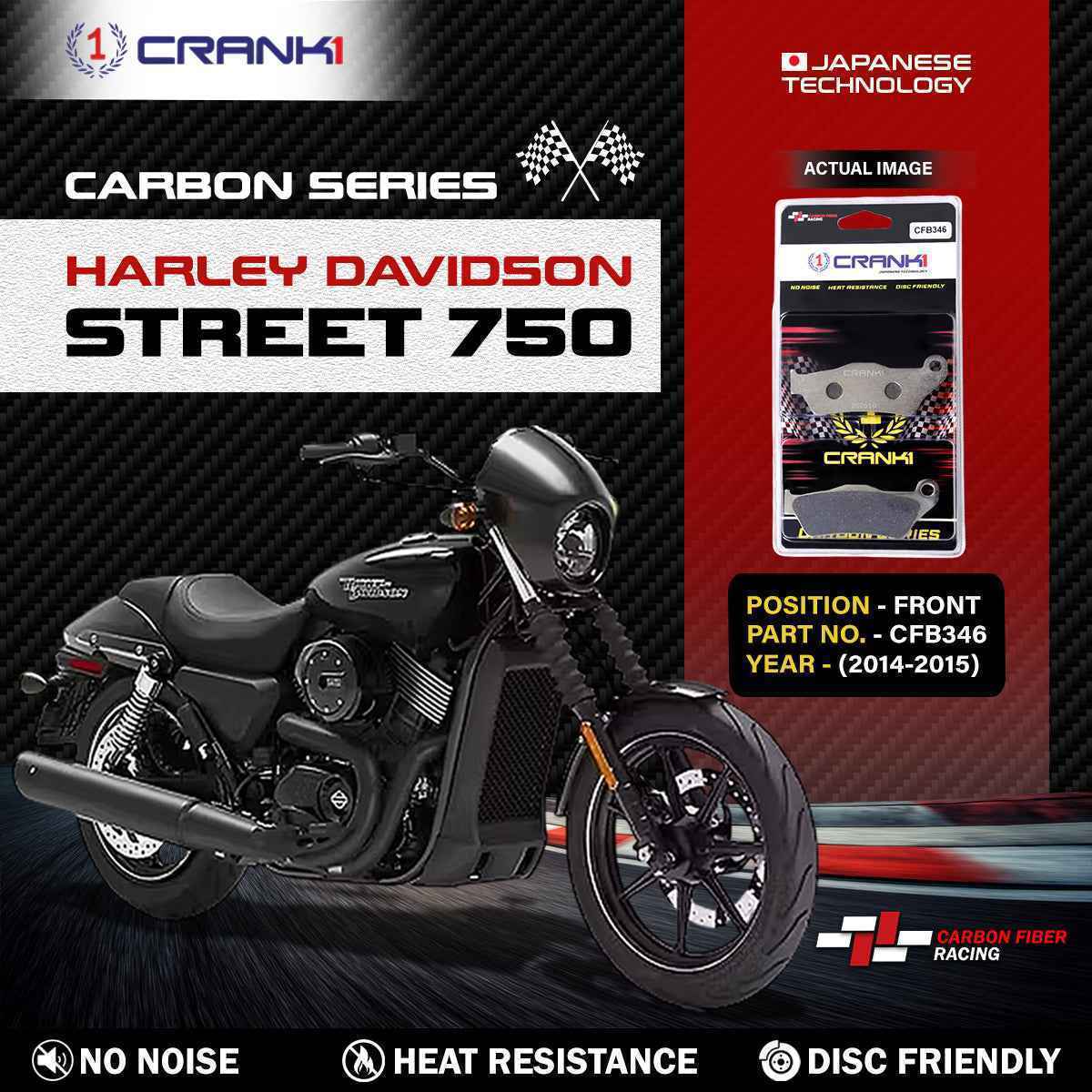 Carbon Brake Pads For Harley Davidson Street 750 (2014-2015) - Front - CFB346 - 1 Set-CRANK1