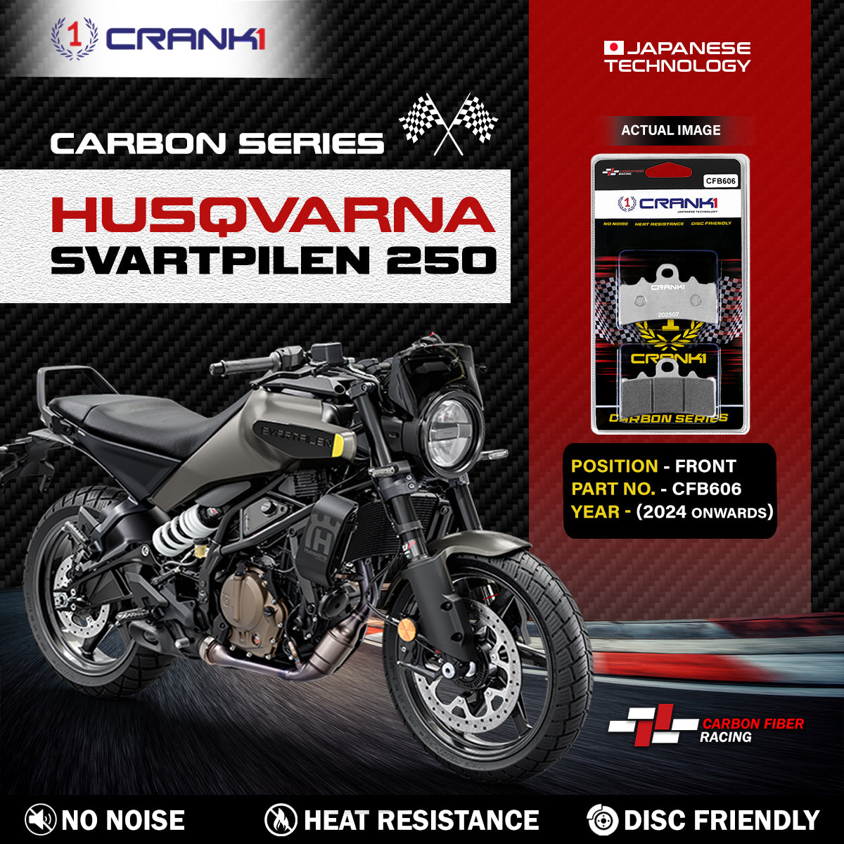 Carbon Brake Pads For Husqvarna Svartpilen 250 (2024 Onwards) - Front - CFB606 - 1 Set - CRANK1