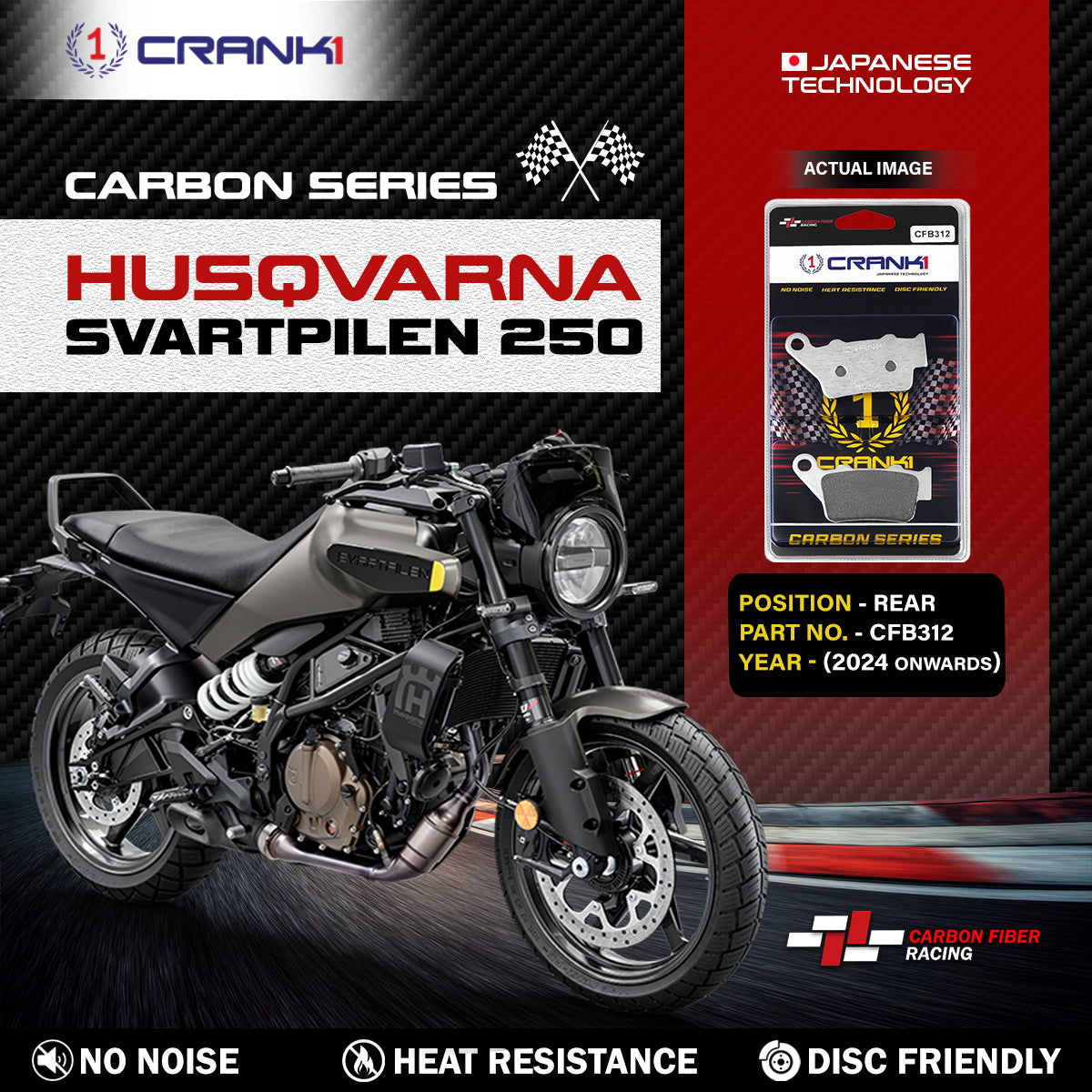 Carbon Brake Pads For Husqvarna Svartpilen 250 (2024 Onwards) - Rear - CFB312 - 1 Set - CRANK1