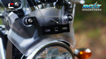 Carbon Racing BOLT Windscreen for Royal Enfield Interceptor 650 - Clear (Windshield + Integrated GPS Mount + Number Plate Holder)
