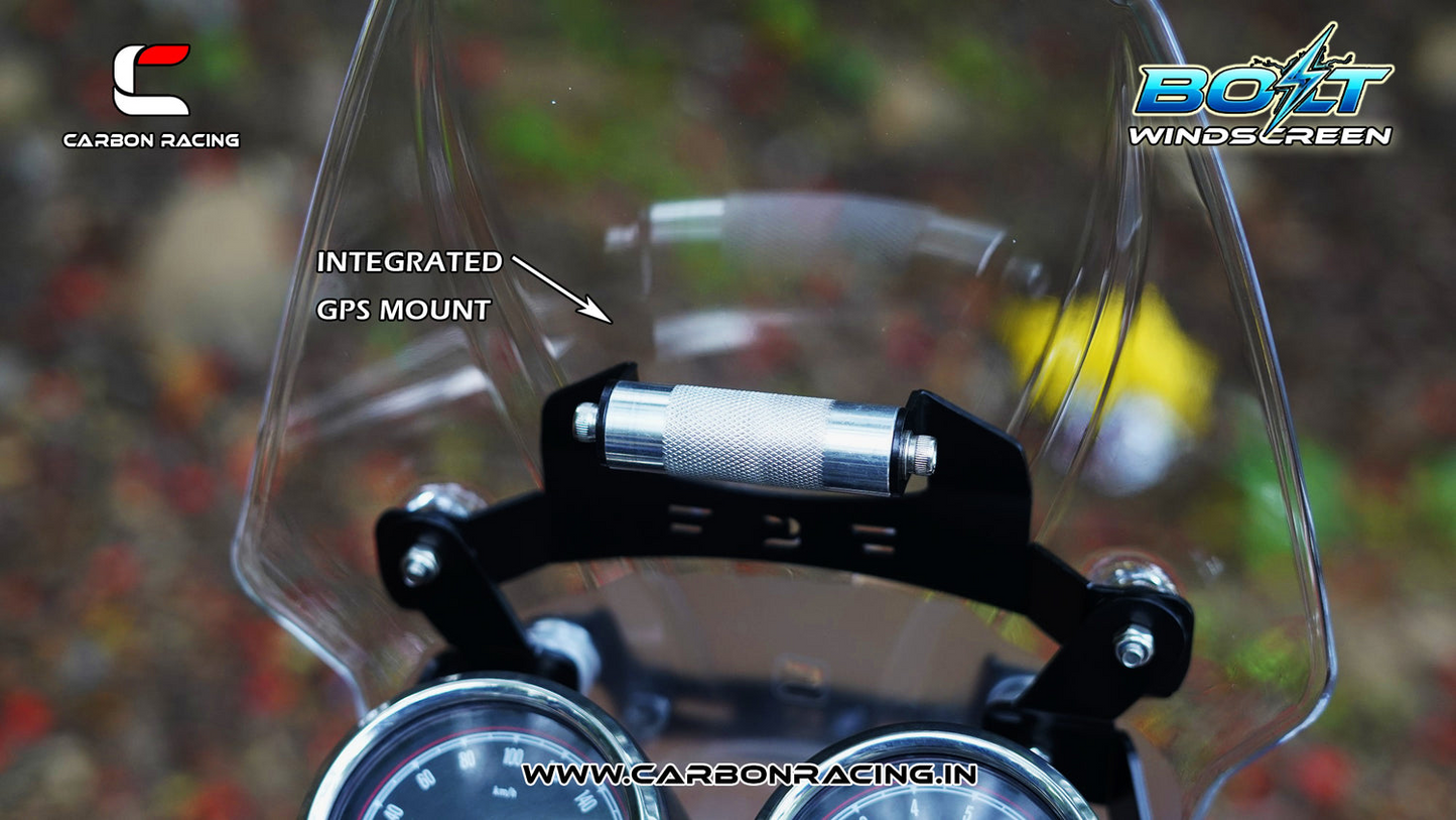 Carbon Racing BOLT Windscreen for Royal Enfield Interceptor 650 - Clear (Windshield + Integrated GPS Mount + Number Plate Holder)