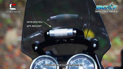 Carbon Racing BOLT Windscreen for Royal Enfield Interceptor 650 - Smoked (Windshield + Integrated GPS Mount + Number Plate Holder)