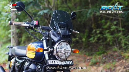 Carbon Racing BOLT Windscreen for Royal Enfield Interceptor 650 - Smoked (Windshield + Integrated GPS Mount + Number Plate Holder)