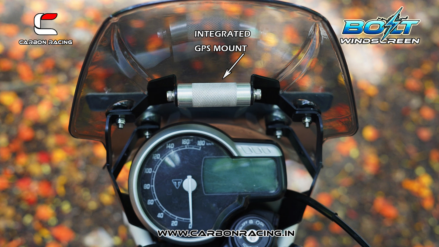 Carbon Racing BOLT Windscreen for Triumph Scrambler 400X - Smoked (With Integrated GPS Mount + Number Plate Holder) - CRTSCRAM