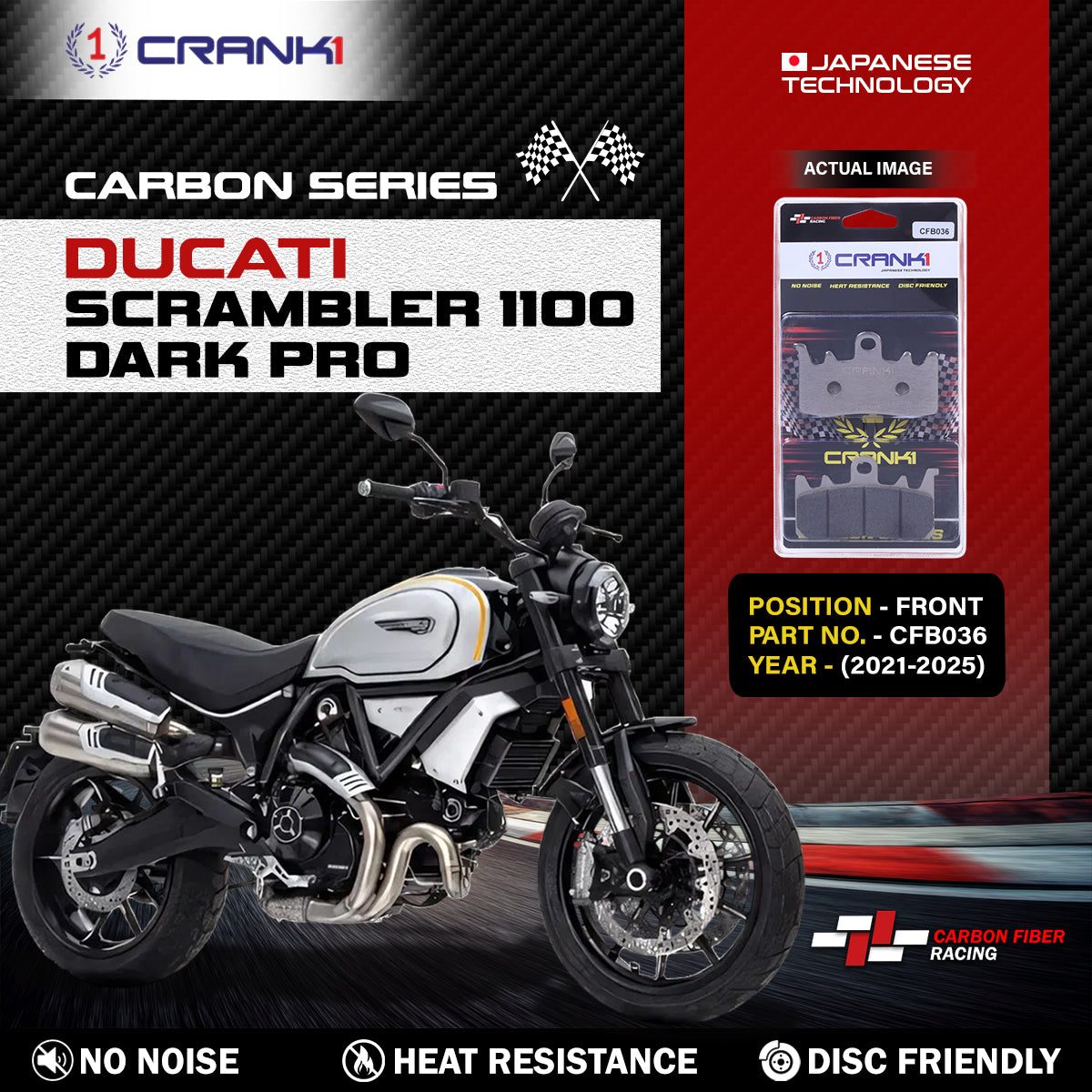 Carbon Brake Pads For Ducati Scrambler 1100 Dark Pro (2021-2025) - Front - CFB036 - 2 Sets CRANK1
