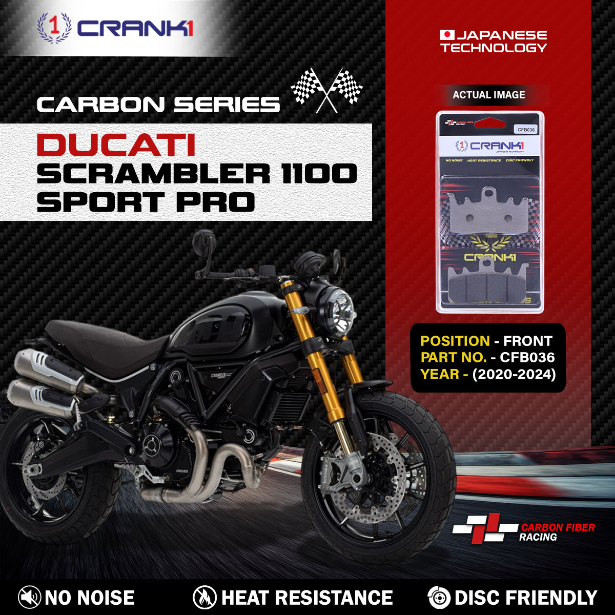 Carbon Brake Pads For Ducati Scrambler 1100 Sport Pro (2020-2024) - Front - CFB036 - 2 Sets CRANK1