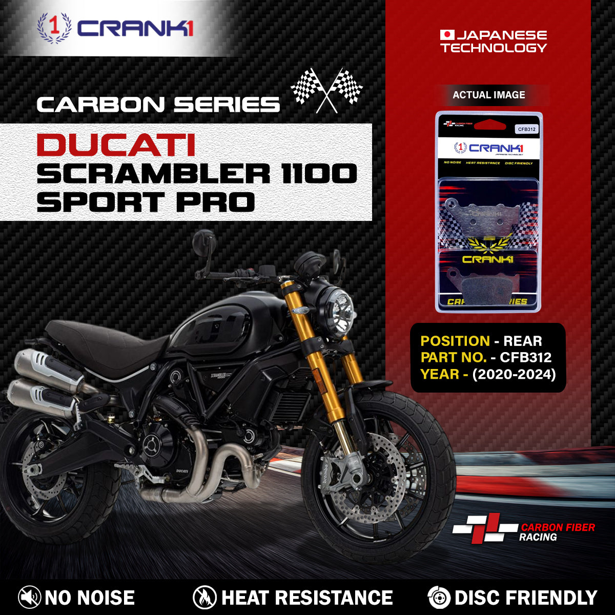 Carbon Brake Pads For Ducati Scrambler 1100 Sport Pro (2020-2024) - Rear - CFB312 - 1 Set CRANK1