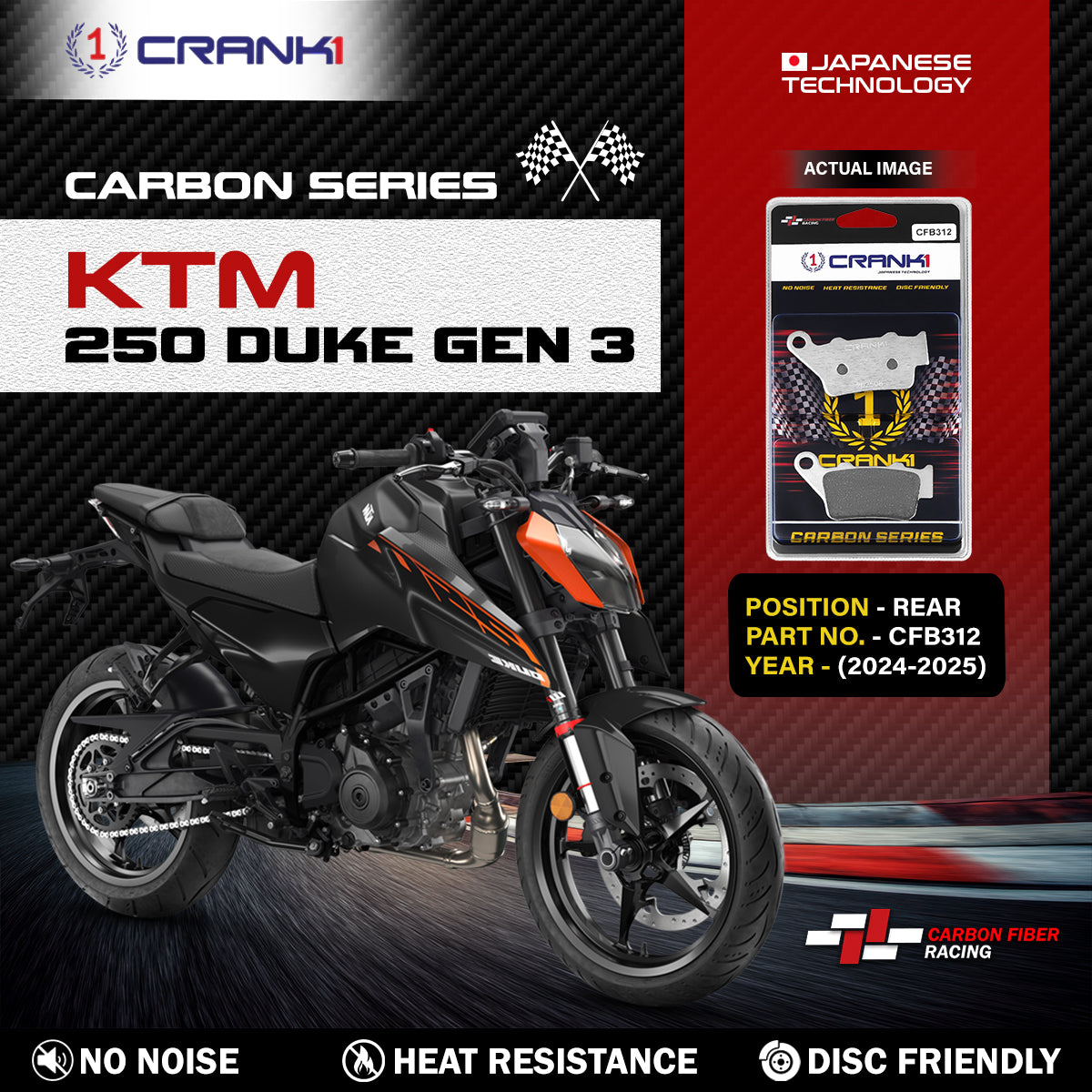 Carbon Brake Pads For KTM 250 Duke GEN3 (2024-2025) - Rear - CFB312 - 1 Set - CRANK1
