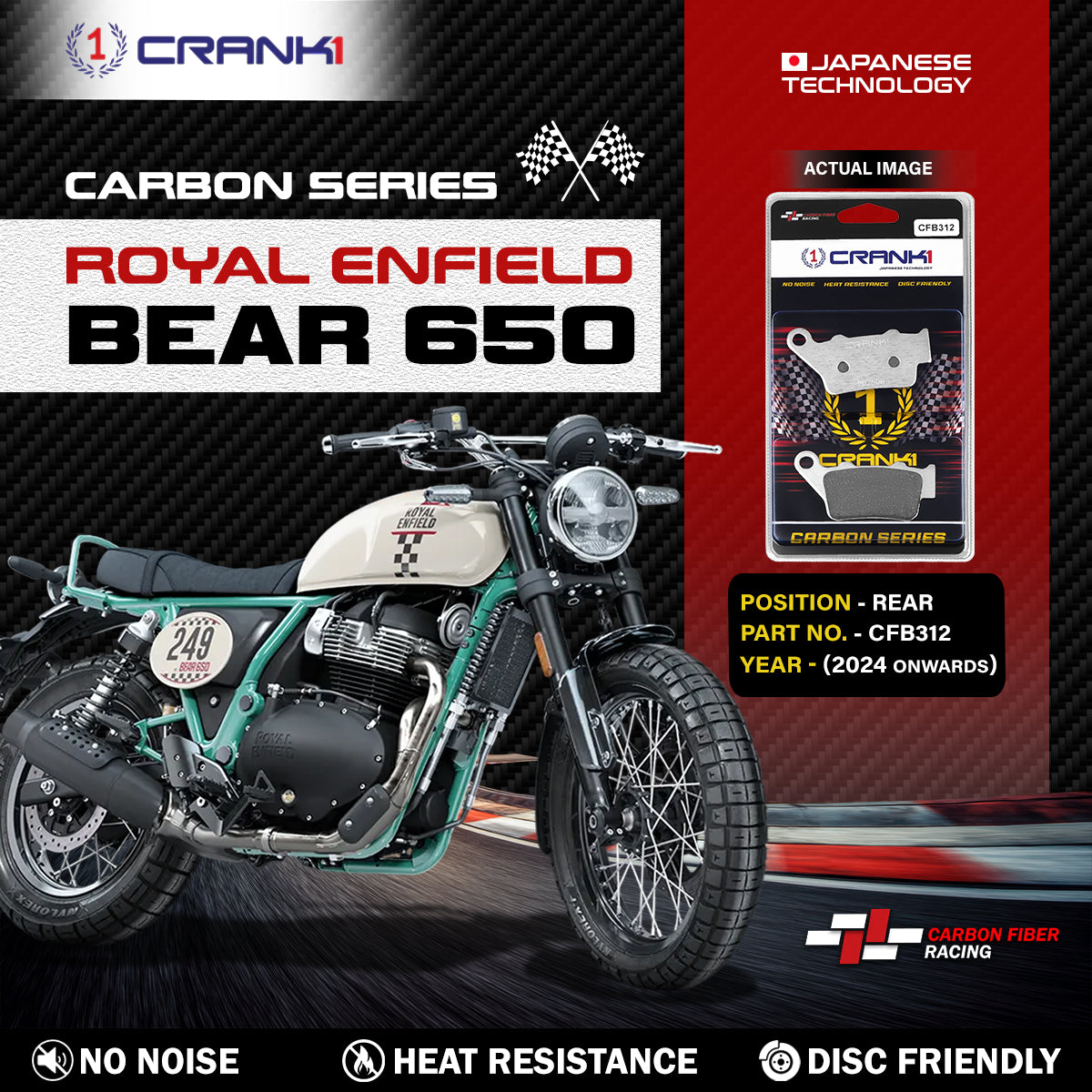 Carbon Brake Pads For Royal Enfield Bear 650 (2024 Onwards) - Rear - CFB312 - 1 Set - CRANK1