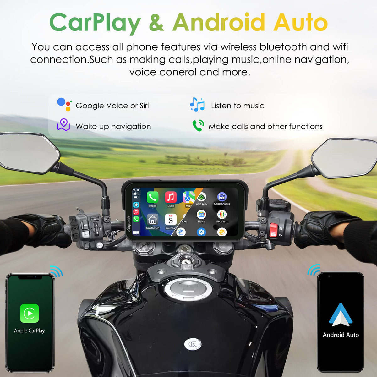 Carpuride Universal W603D with TPMS Wireless Portable Motorcycle Stereo with HD Dual Cameras