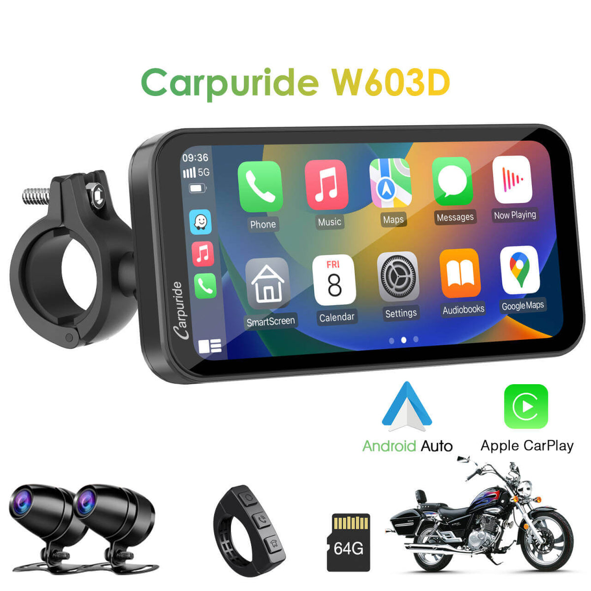 Carpuride Universal W603D with TPMS Wireless Portable Motorcycle Stereo with HD Dual Cameras