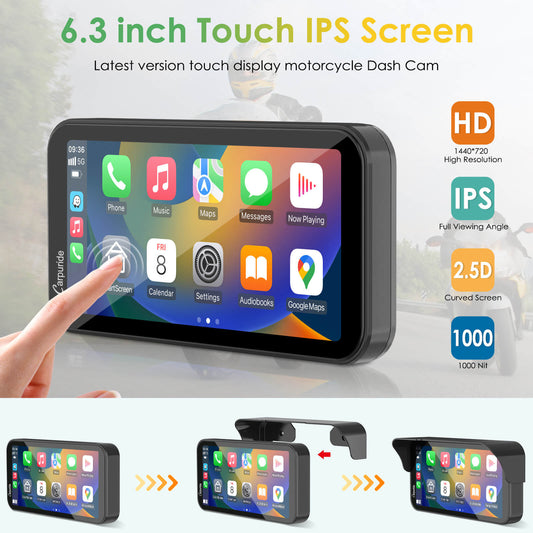 Carpuride Universal W603D with TPMS Wireless Portable Motorcycle Stereo with HD Dual Cameras