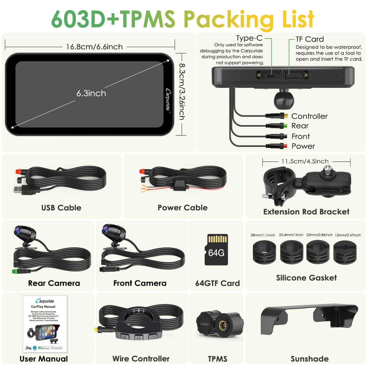 Carpuride Universal W603D with TPMS Wireless Portable Motorcycle Stereo with HD Dual Cameras