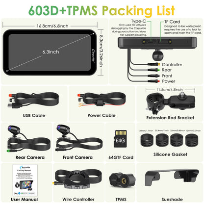 Carpuride Universal W603D with TPMS Wireless Portable Motorcycle Stereo with HD Dual Cameras