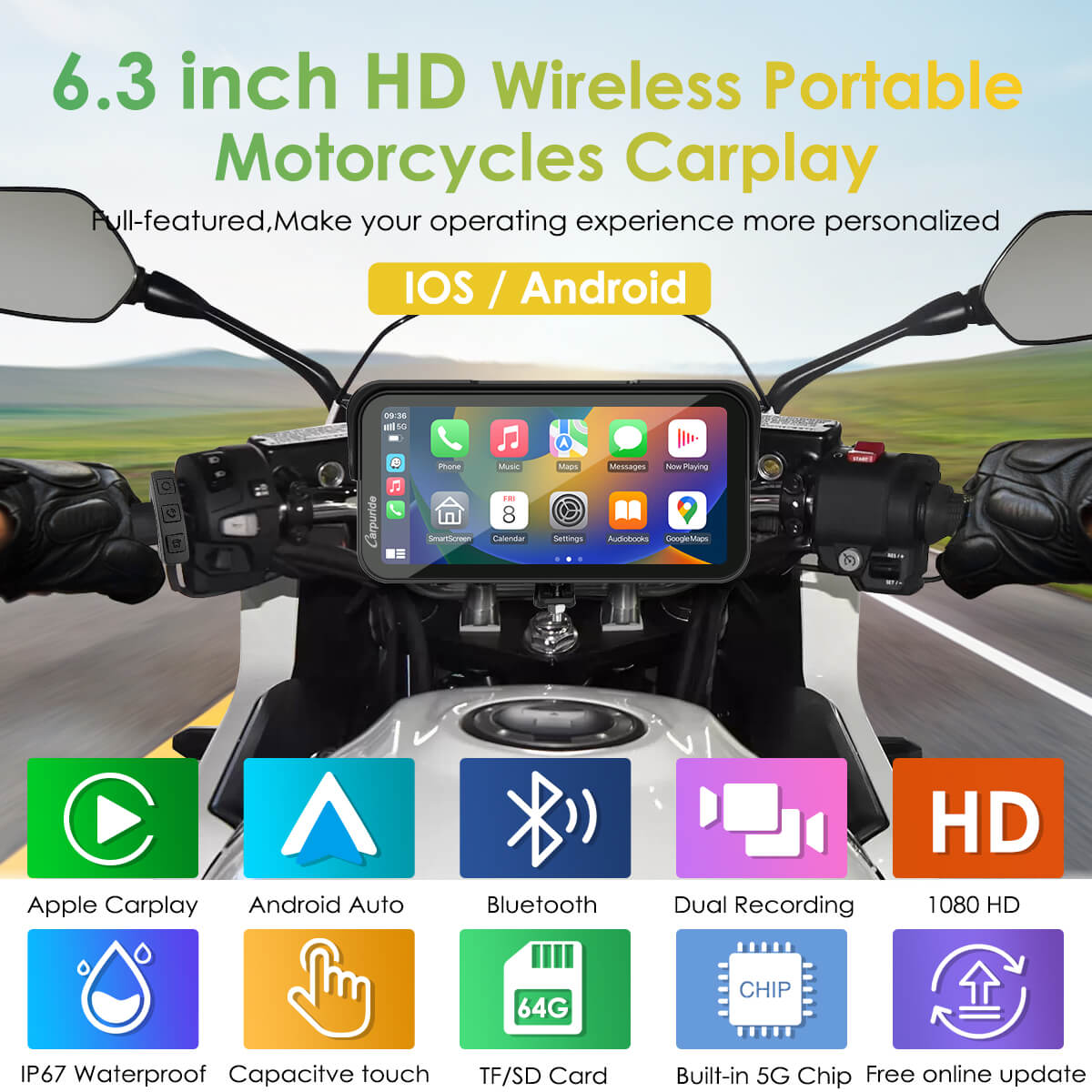 Carpuride Universal W603D with TPMS Wireless Portable Motorcycle Stereo with HD Dual Cameras