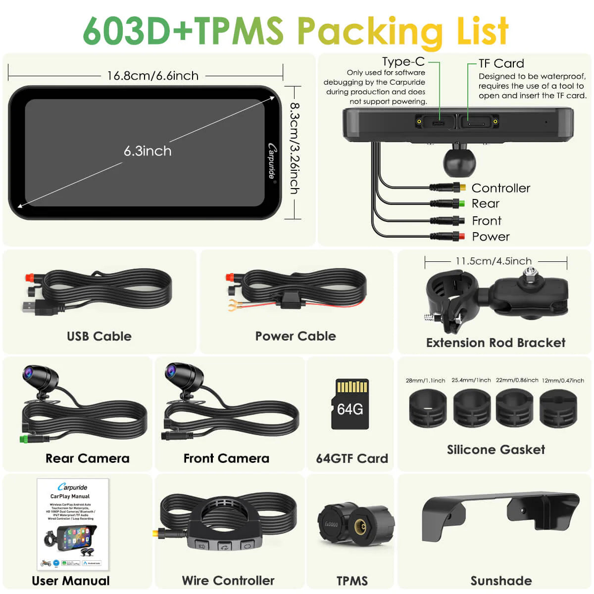 Carpuride Universal W603D with TPMS Wireless Portable Motorcycle Stereo with HD Dual Cameras