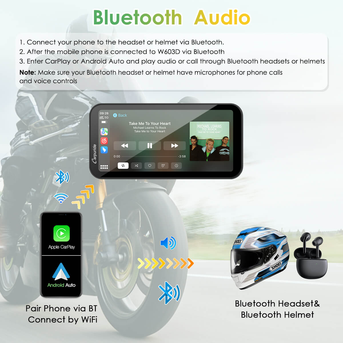 Carpuride Universal W603D with TPMS Wireless Portable Motorcycle Stereo with HD Dual Cameras