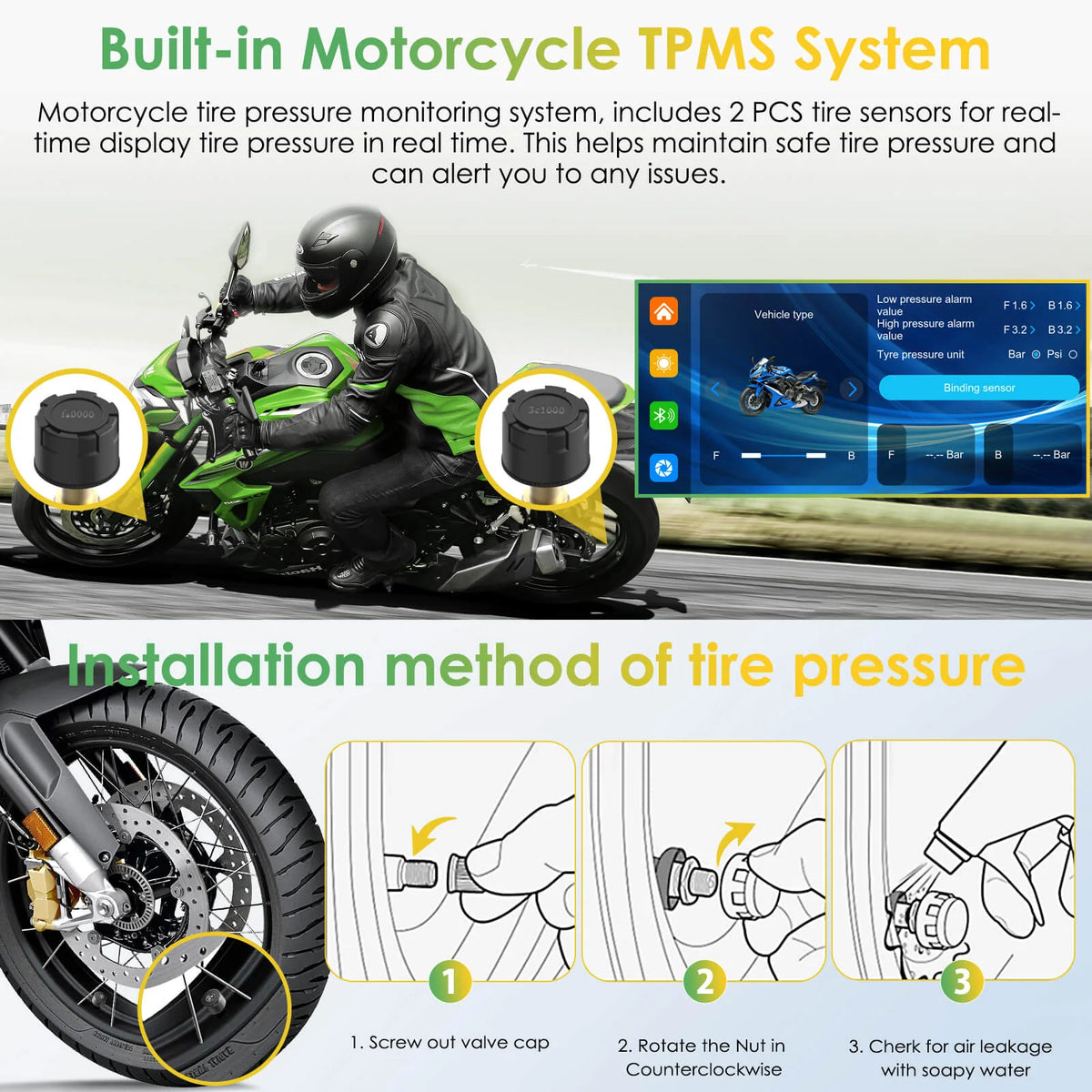 Carpuride Universal W603D with TPMS Wireless Portable Motorcycle Stereo with HD Dual Cameras