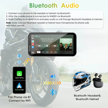 Carpuride Universal W603D with TPMS Wireless Portable Motorcycle Stereo with HD Dual Cameras