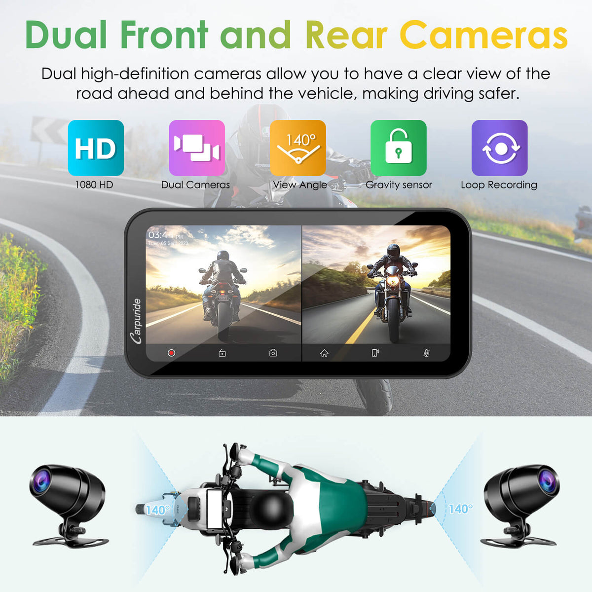 Carpuride Universal W603D with TPMS Wireless Portable Motorcycle Stereo with HD Dual Cameras