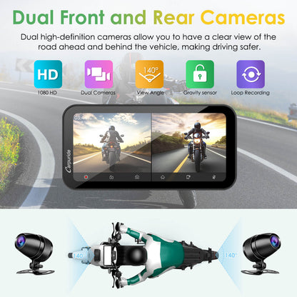 Carpuride Universal W603D with TPMS Wireless Portable Motorcycle Stereo with HD Dual Cameras