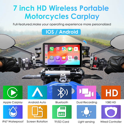 Carpuride Universal W712D with TPMS Rotatable Motorcycle Stereo with GPS Navigation & Dash Cam