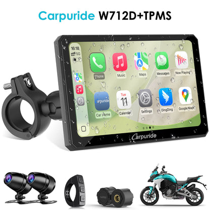 Carpuride Universal W712D with TPMS Rotatable Motorcycle Stereo with GPS Navigation & Dash Cam