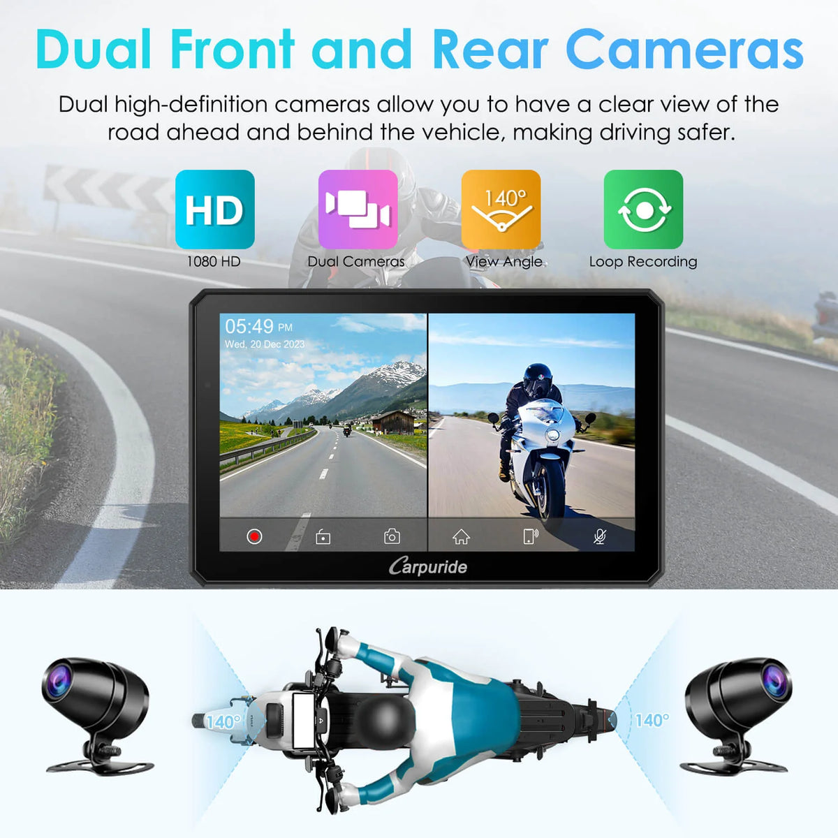 Carpuride Universal W712D with TPMS Rotatable Motorcycle Stereo with GPS Navigation & Dash Cam