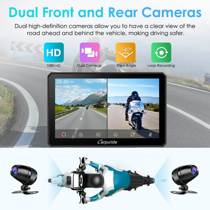 Carpuride Universal W712D with TPMS Rotatable Motorcycle Stereo with GPS Navigation & Dash Cam