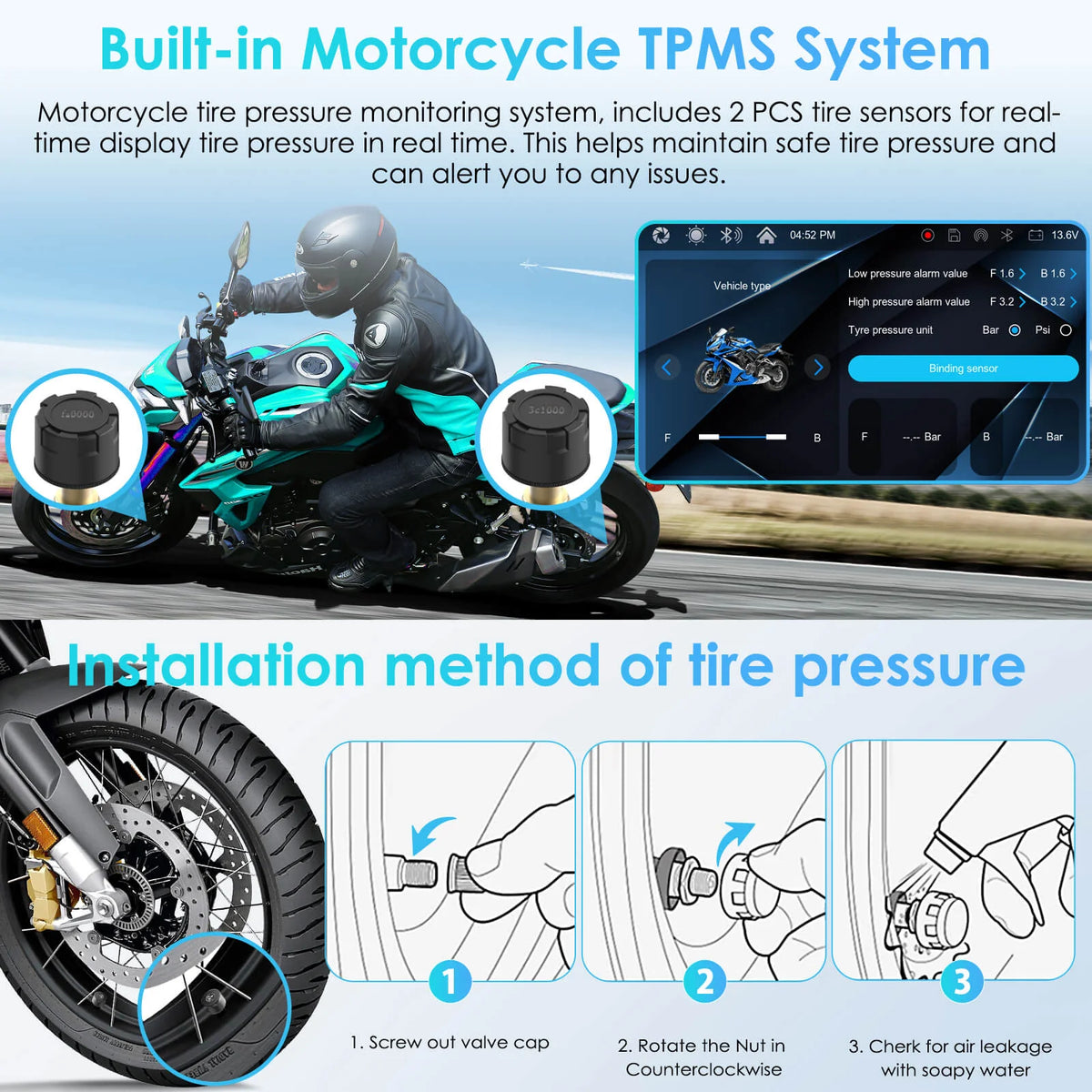 Carpuride Universal W712D with TPMS Rotatable Motorcycle Stereo with GPS Navigation & Dash Cam