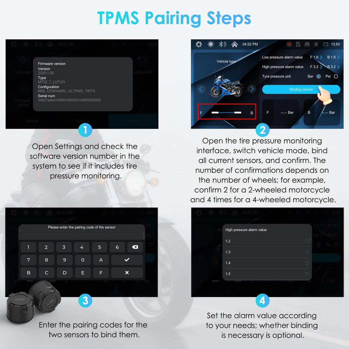 Carpuride Universal W712D with TPMS Rotatable Motorcycle Stereo with GPS Navigation & Dash Cam