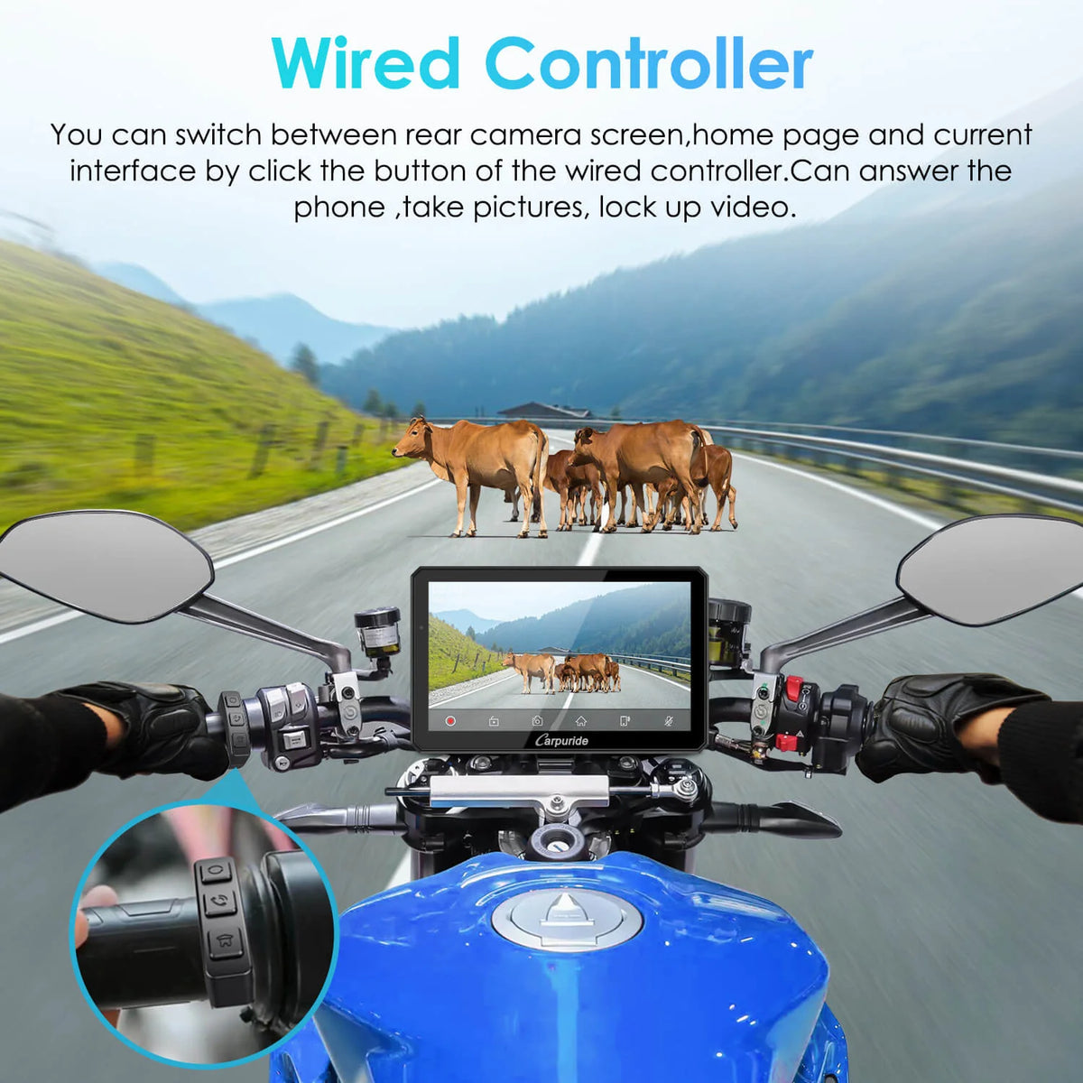 Carpuride Universal W712D with TPMS Rotatable Motorcycle Stereo with GPS Navigation & Dash Cam
